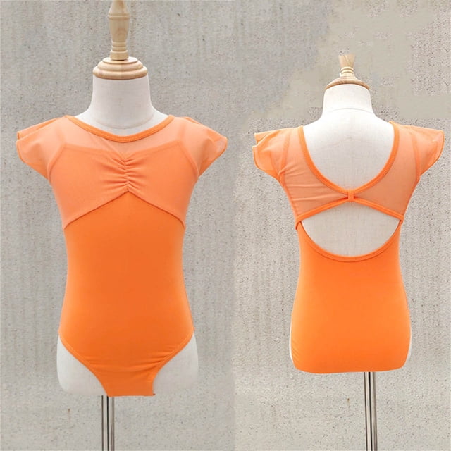 Children's Solid Color Short Sleeved Round Neck Dance Suit Mesh Practice Suit Girls' Jumpsuit