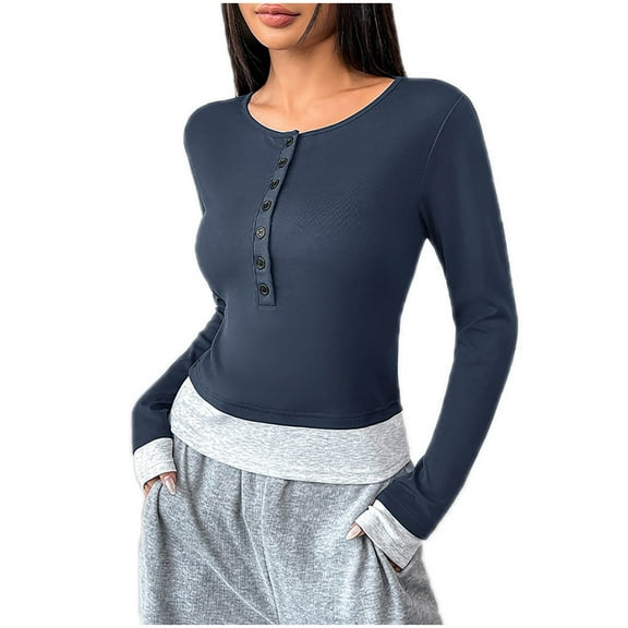 Womens Crewneck Shirts Half Button Up Pullover Slim Fitted Tops Blouse Casual Solid Long Sleeve Tunic T-shirt Fake Two Pieces 2025 Fall Fashion Clothing