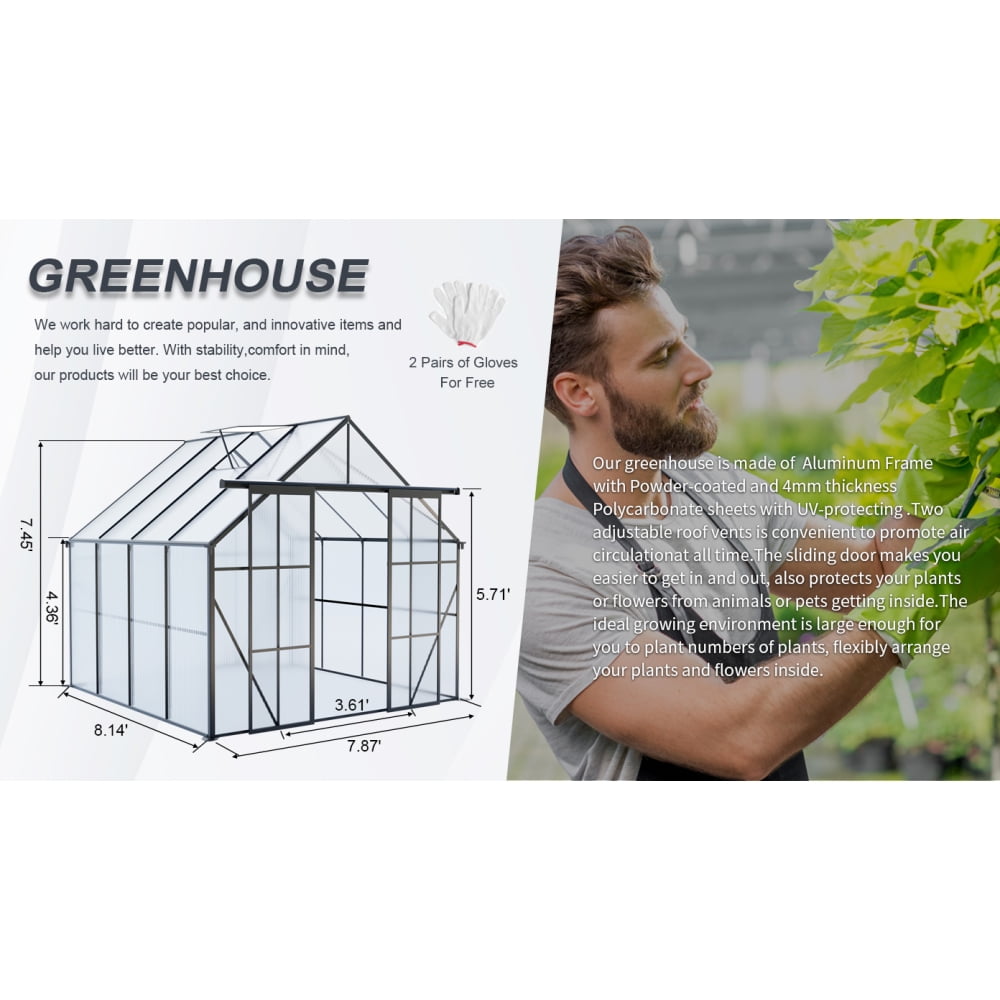Spacious 8x8 FT Walk-In Greenhouse, Double Door Design with Raised Base & Anchors for Serious Gardeners