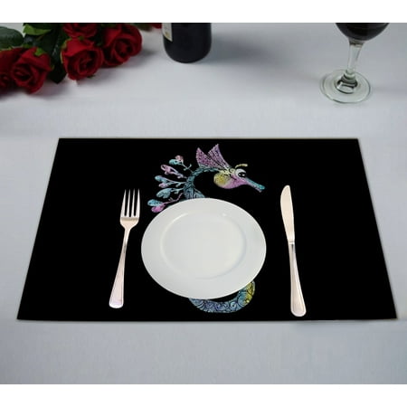 

YKCG Creative Watercolor Seahorse Black Sea Creature Placemats Size 12x18 inches Set of 2