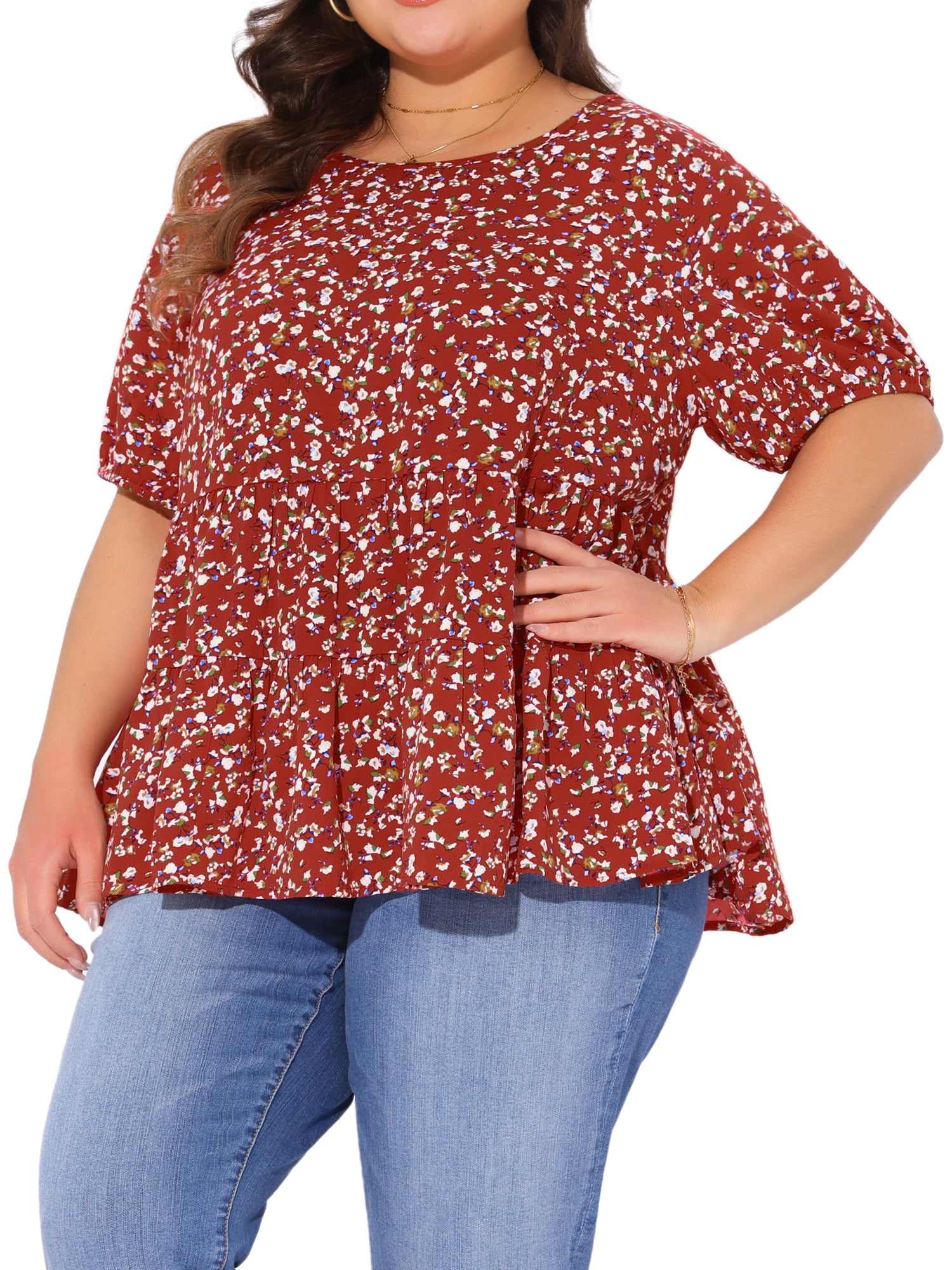 DARING DIVA Women's Plus Short Sleeve Crew Neck Casual Babydoll Top 3X Red