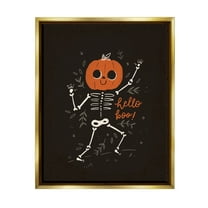 Hello Boo Halloween Smiling Skeleton Holiday Graphic Art Metallic Gold Framed Art Print Wall Art