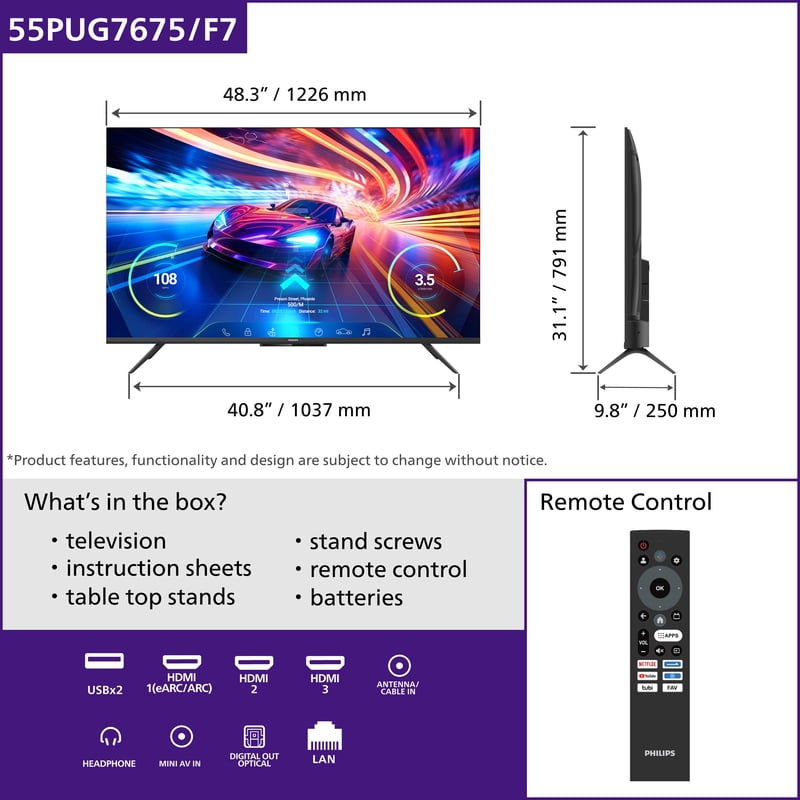 Philips 55" Class 144Hz QLED+ 4K UltraHD (2160p) Google + Gaming Smart TV (55PUG7675/F7) display and camera view