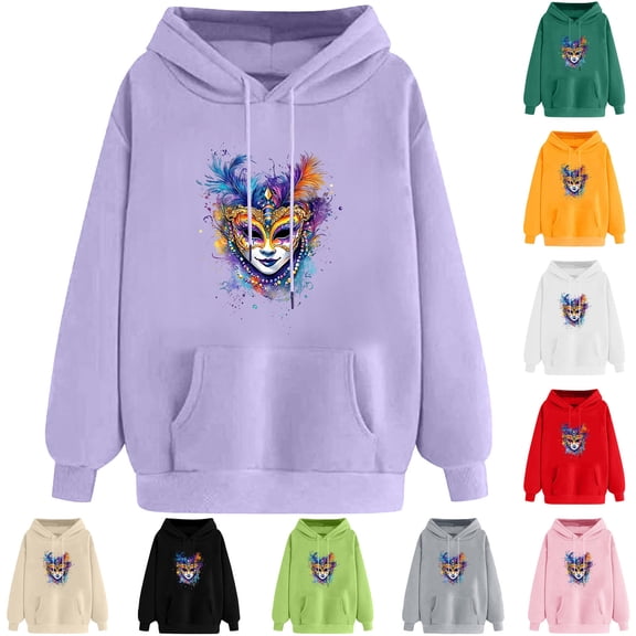 VBTAPA Mardi Gras Hoodies for Women Carnival Mask Graphic Print Hooded Sweatshirt Drawstring Pullover Hoodie with Kangaroo Pocket Army Green M