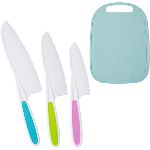 Kids Knife Set, Kids Knifes for Real Cooking, 3 Pieces Kids Knife with Cutting Board, BPA-Free Kids Kitchen Knife with Serrated Edges for Cutting Fruit, Vegetable, Salad, Bread, Cake, Sandwich