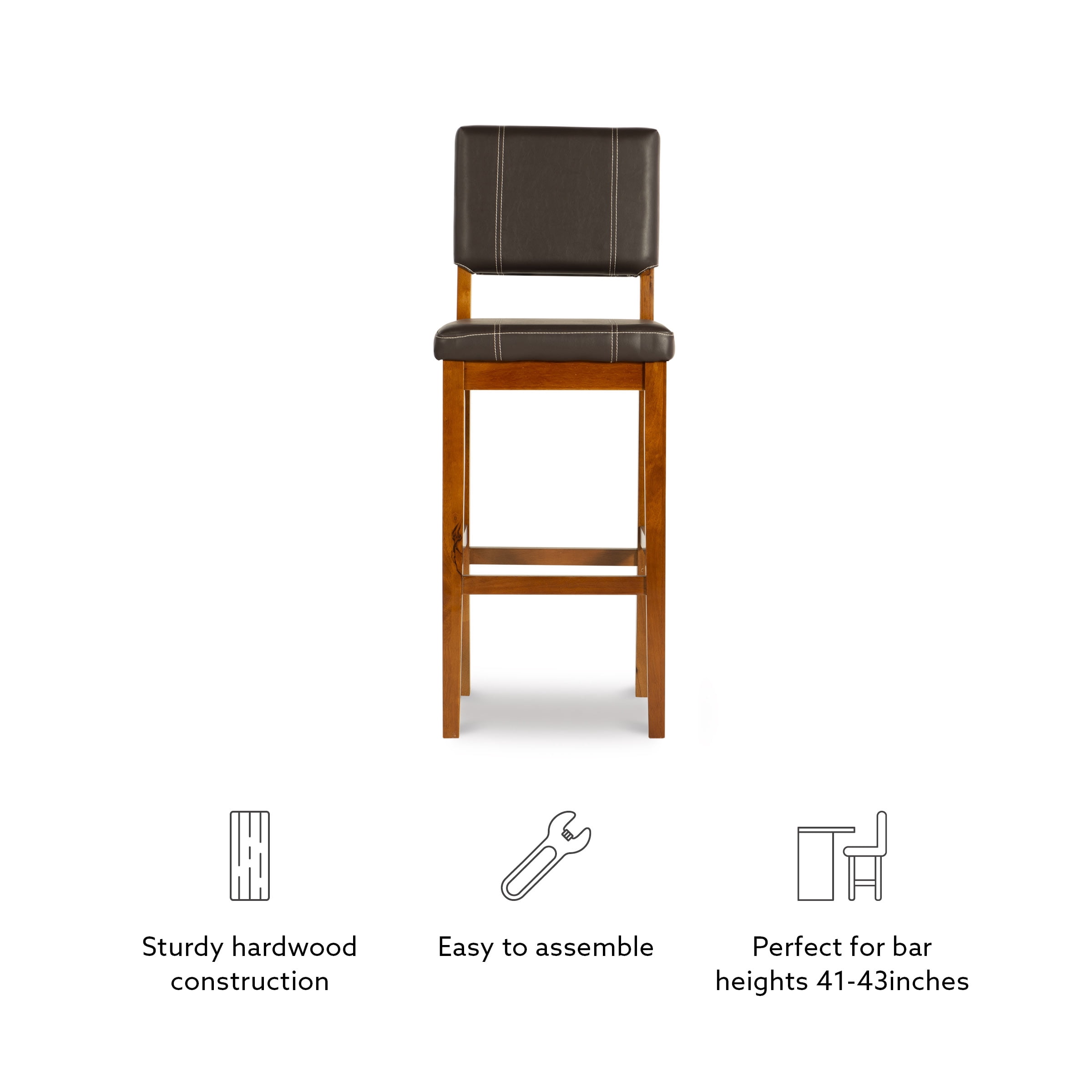 Linon 30" Milano Indoor Padded Bar Stool, Medium Dark Walnut/Dark Brown Faux Leather