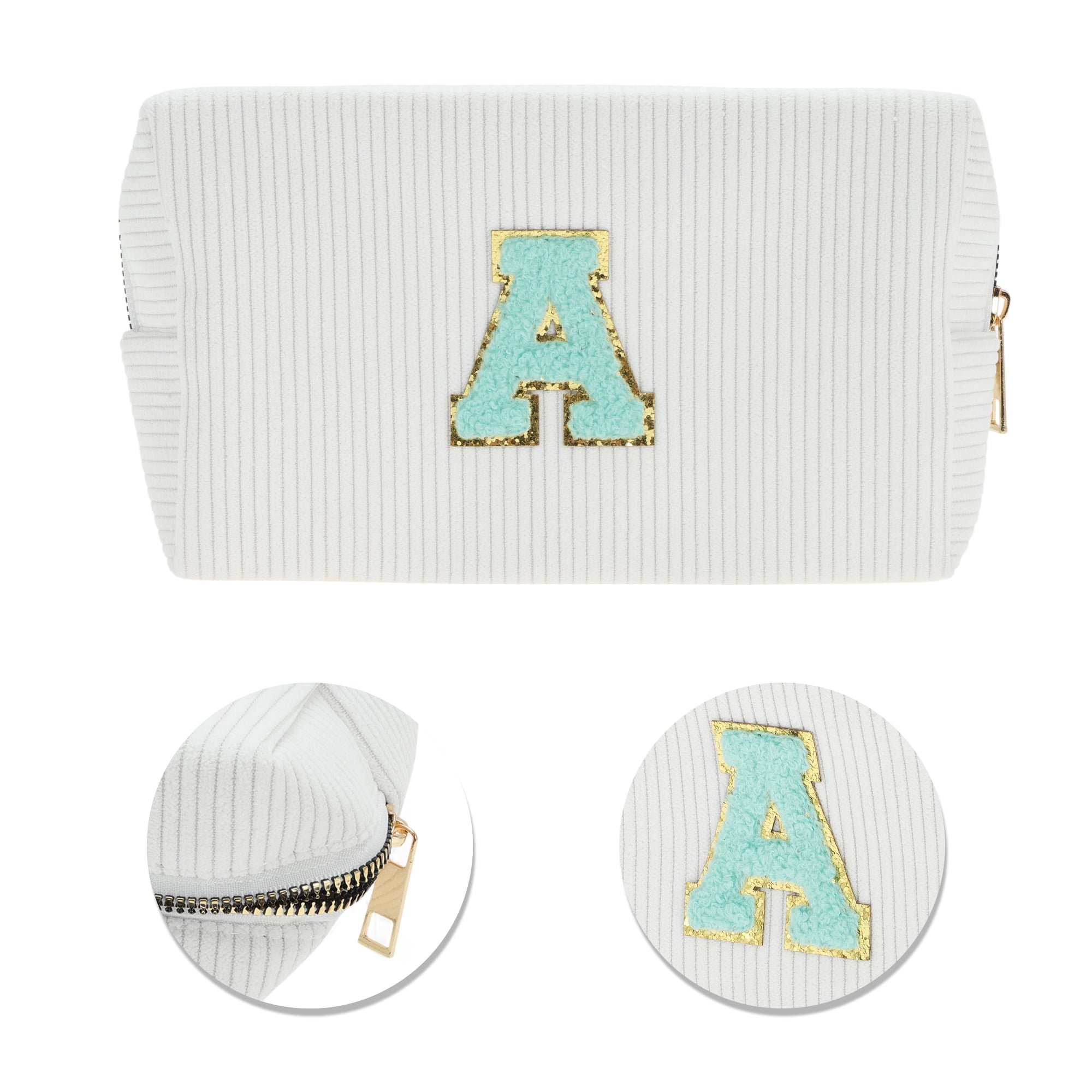 Unique Bargains 1 Pc Portable Corduroy Rectangular Letter Makeup Bag White [Letter A]