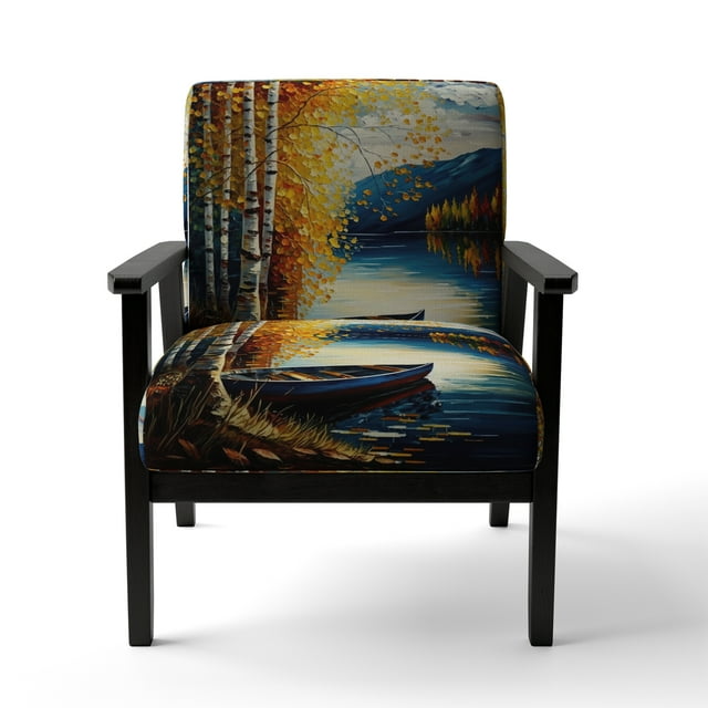 Designart "Fall Journey on the Lake II" Yellow Boat Upholstered Accent Chair - Traditional Arm Chair For Living Room
