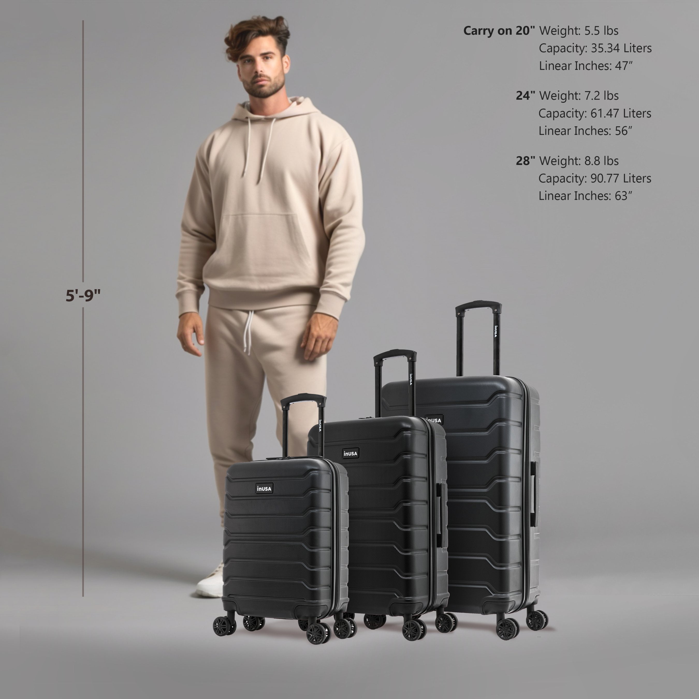 InUSA Trend 3-Piece Hardside Luggage Sets with Spinner Wheels, Handle, Trolley, (20"/24"/28"), Black