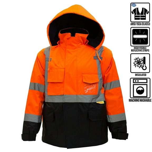Men's Ansi Class 3 High Visibility Safety Bomber Jacket With Zipper, PVC Pocket, Black Bottom,Orange/J8511-S
