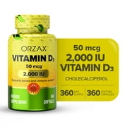 ORZAX Vitamin D3 2000 iu Softgels, 360 Days Supply, 125 Mcg Vitamin D3, 360 Mini Softgels