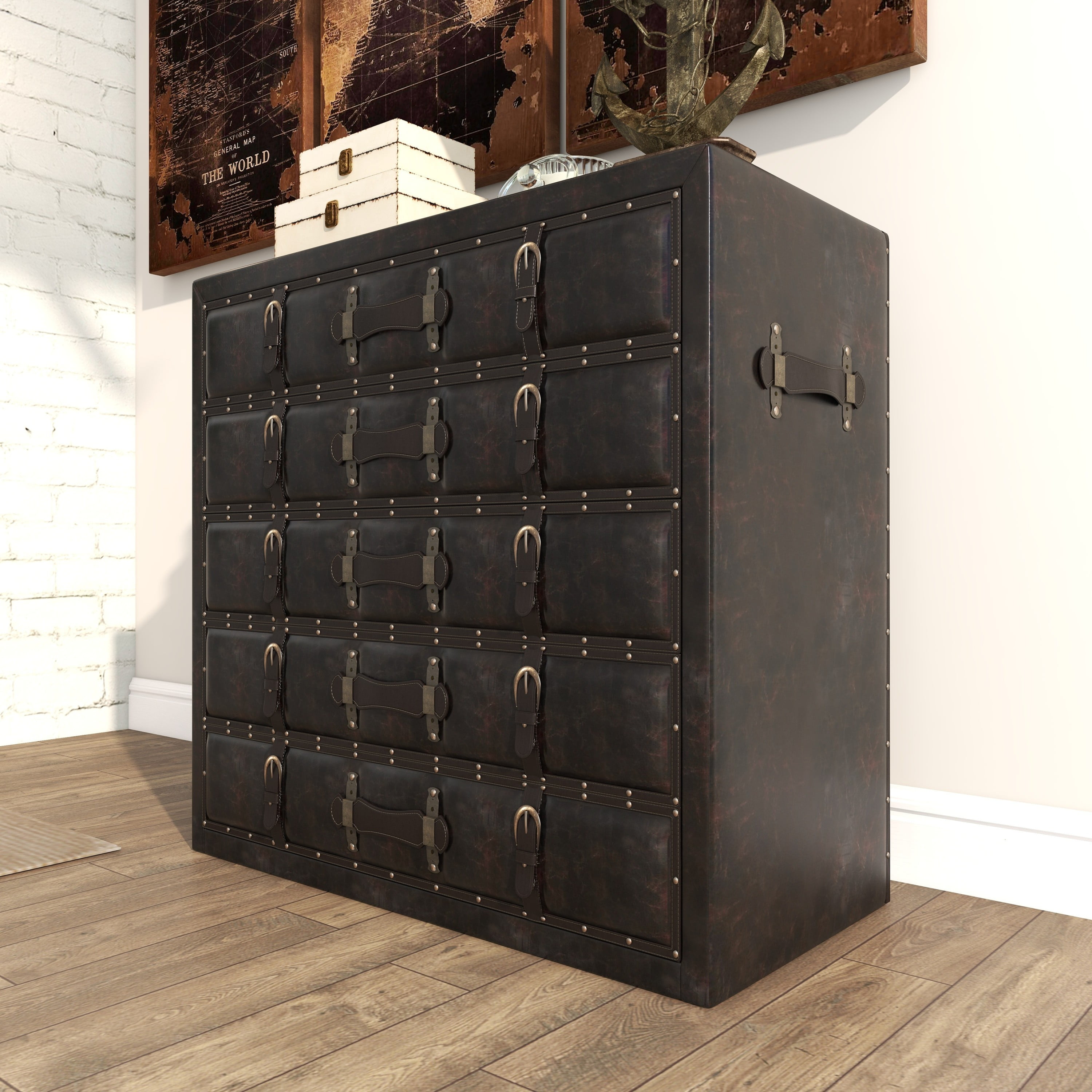 DecMode 36 x 32 Black Wood Vintage Faux Leather Chest with Buckles and  Straps Detailing, 1-Piece 