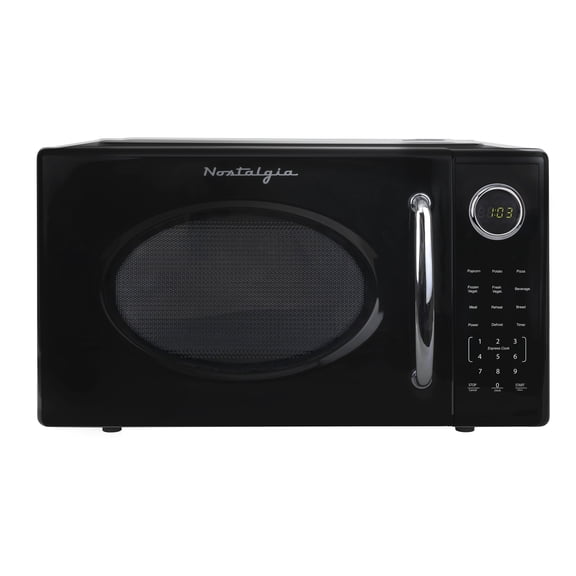 Nostalgia Retro Microwave Oven - 1.1 Cu Ft & 1000-Watt Countertop Size with Glass Turntable, Child Safety Lock, 8 Auto-Cook Programs & Digital Clock - Black