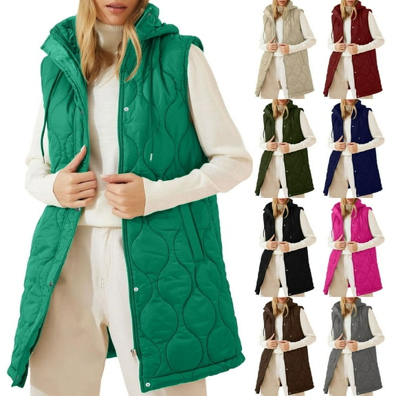 Xdegoge Women's Long Quilted Vest Zip Up Stand Collar Sleeveless Hooded Puffer Jackets with Pockets 2025 Winter Trendy Thermal Padded Jacket