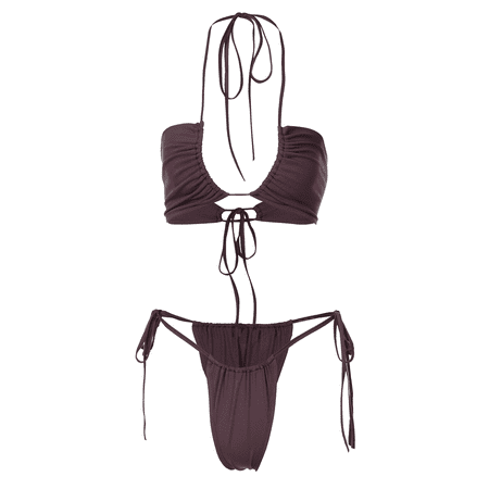 ASNOUIFU Womens Sexy Two Piece Bikini Suits Fashion Solid Color Halter Tops and Tie-up Mid-waist Thong