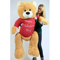 Big Plush Giant Valentine Teddy Bear Five Feet Tall Honey Brown Color Wears Tshirt that says HAPPY VALENTINES DAY