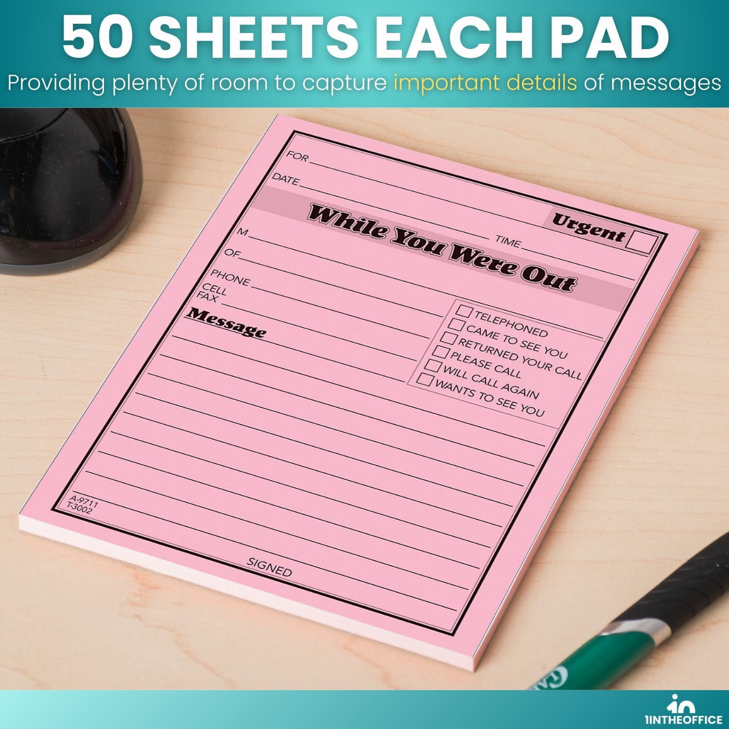 1InTheOffice While You Were Out Message Pad, Message Pads, Pink, 4 1/4 x 5 1/2, 50/Pad, 12 Pack