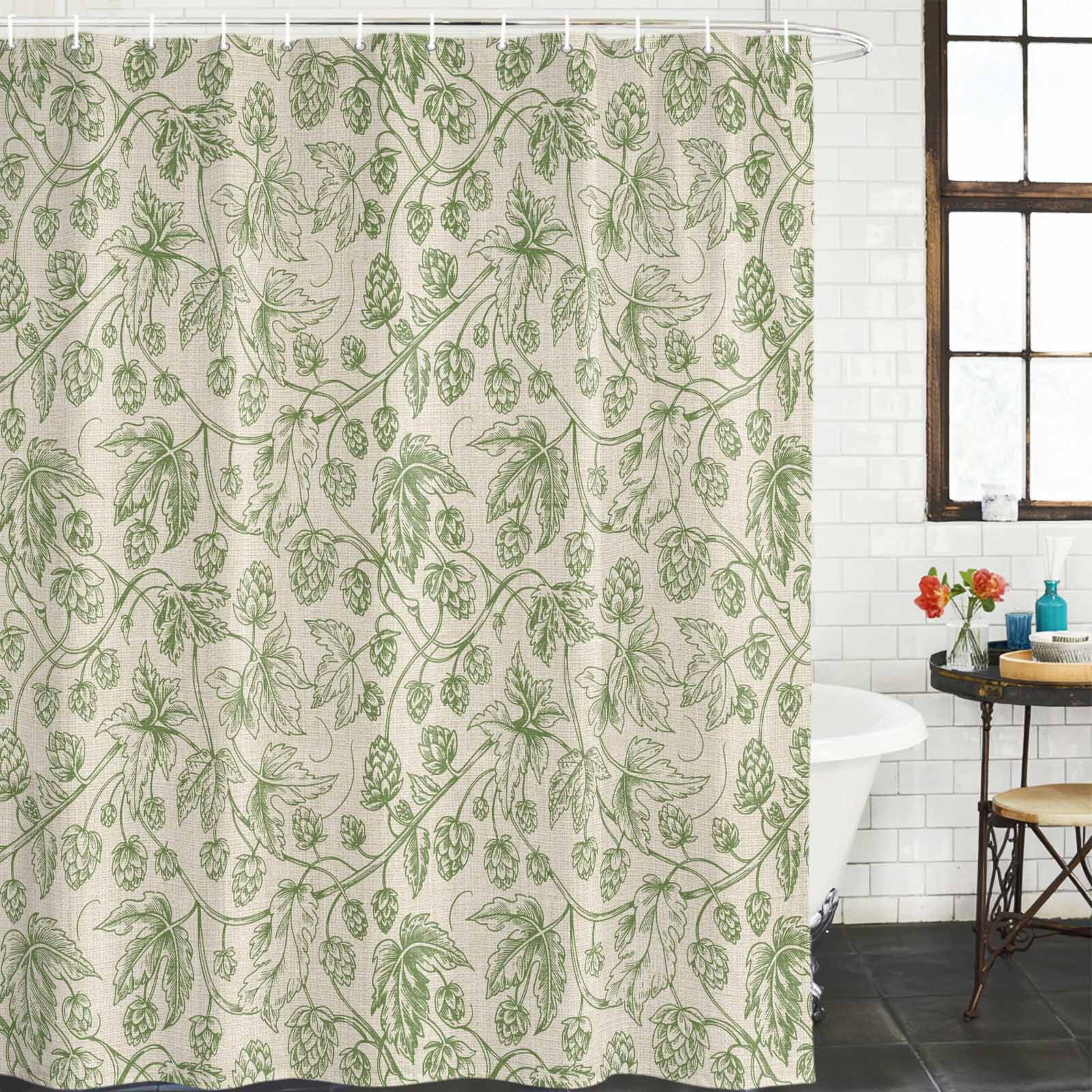 Shower Curtain Bathroom Set Vintage Sage Green Botanical Waterproof Fabric Shower Curtains with Grommets&Hooks, Ombre Leaves Retro Linen Privacy Bath Curtain for Bathtub 72x72in