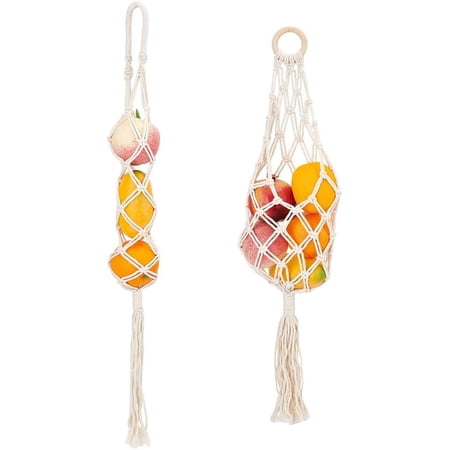 2Pcs 2 Style Hanging Fruit Macrame Net Floral White Fruit Veggies Hanging Storage Net Cotton Woven Fruit Net Bag Boho Hanging String Storage Net for Kitchen Fruit Vegetable Potatoes Green