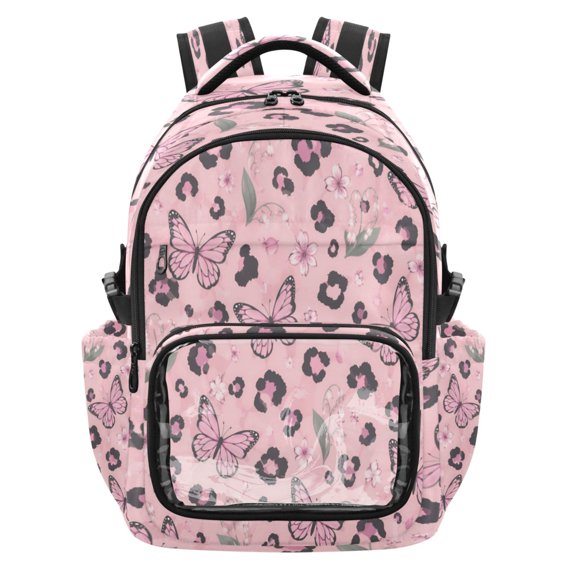 PVC Casual Backpack 25L Daypack with Laptop Compartment Lightweight Travel Backpack for Work Outdoor Activities Butterfly Leopard Print Pattern