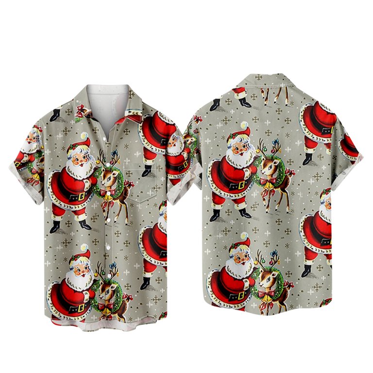 Men's Christmas Short Sleeve Shirts Regular Fit Themed Bright and Colorful  Button Down Pocket Party Hawaiian Funny Santa Print Graphic Retro Top Basic 