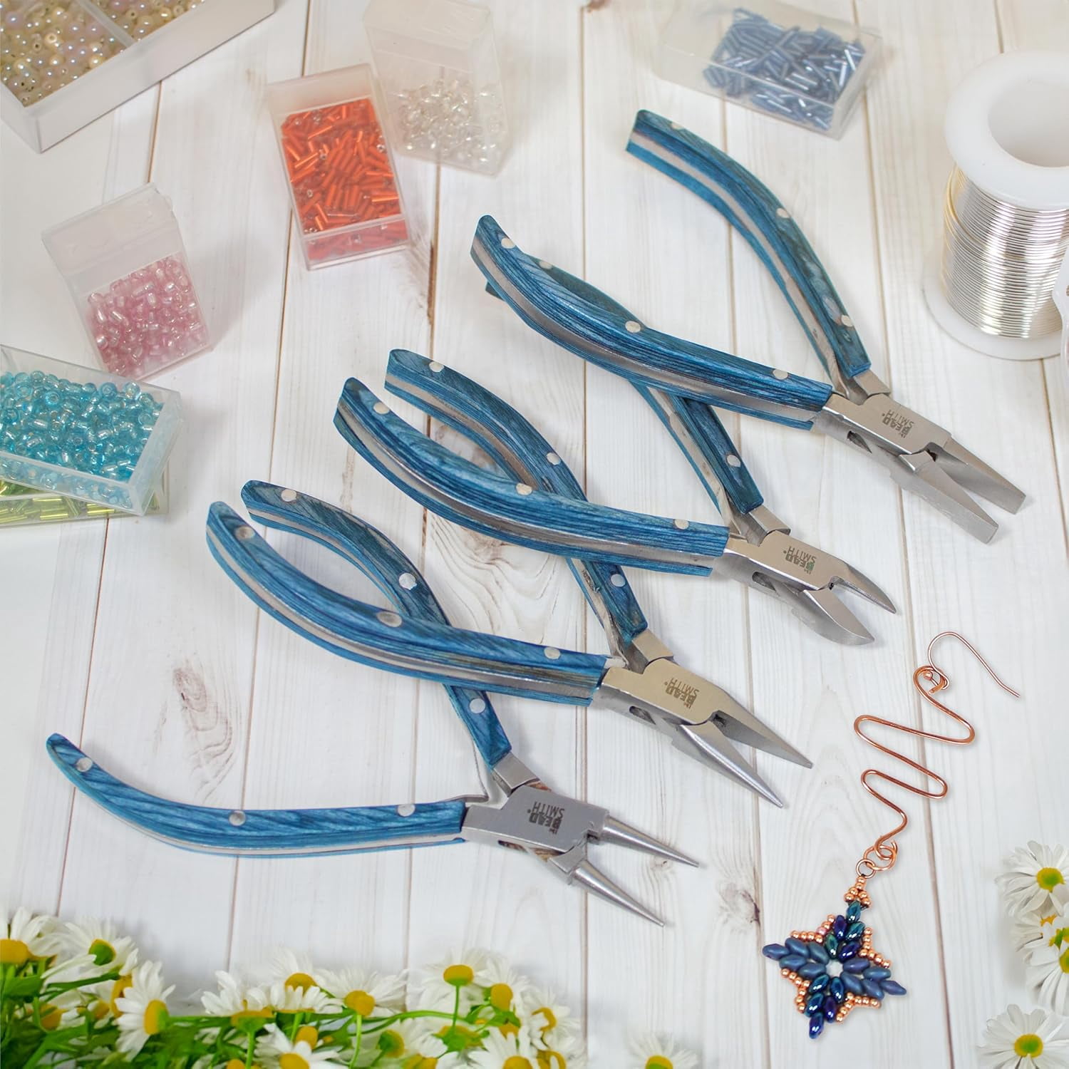 The Beadsmith Natural Elements Pliers Set - 4-Piece Kit: Chain Nose, Round Nose, Flat Nose, Side Cutter and Canvas Carrying Case – Blue Wooden Handles - Tools for Jewelry Making
