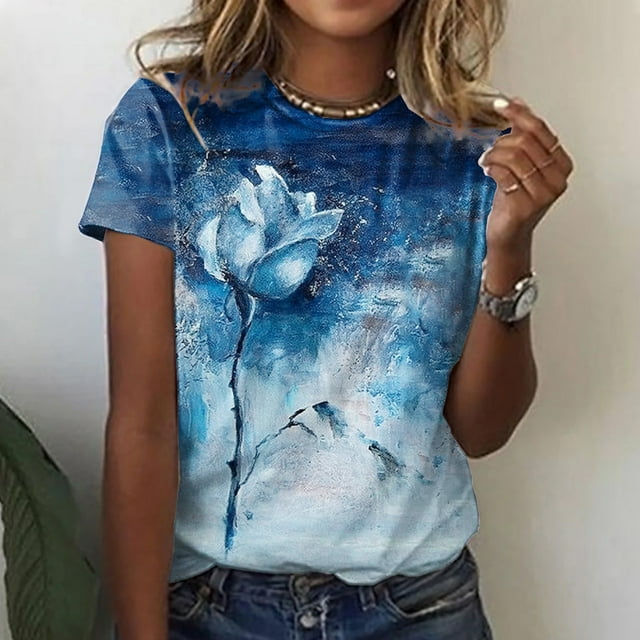 ICHUANYI Clearance Women's Casual Loose Floral Print Crewneck Printed Short Sleeve T-Shirt Tops(Blue, XL) ICHUANYI WER2023081117306