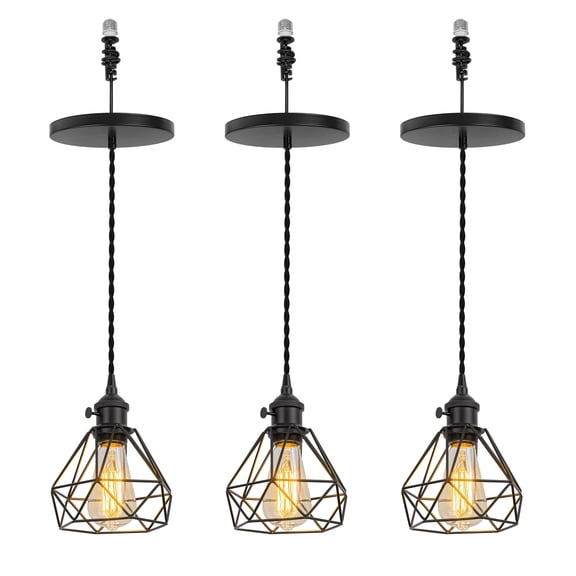 KAYYELAMP 3-Pack Hanging Light E26 Connection Black Switch Base Metal Hollow Shade Retro Pendant Lamp Replacement Downlight for Kitchen Island Dining Table Loft(No Bulb)