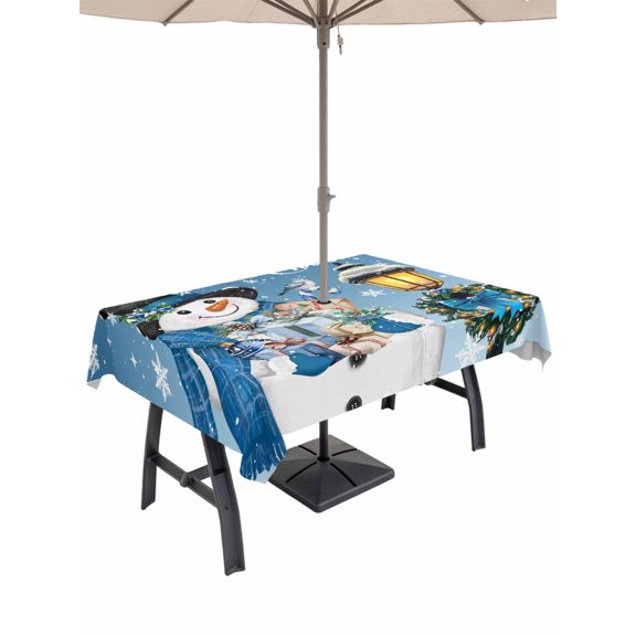 Outdoor Tablecloth with Umbrella Hole and Zipper, Blue Snowman Christmas Rectangle Table Cloth 54x80 Inch Waterproof Tablecloth, Xmas Gifts Wreath Snowflake Picnic Table Cover for Patio Camping