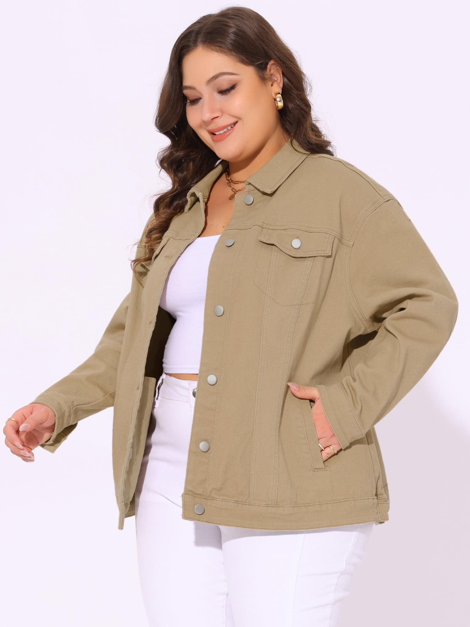 DARING DIVA Women's Plus Size Long Sleeve Button Front Washed Denim Jacket 1X Khaki