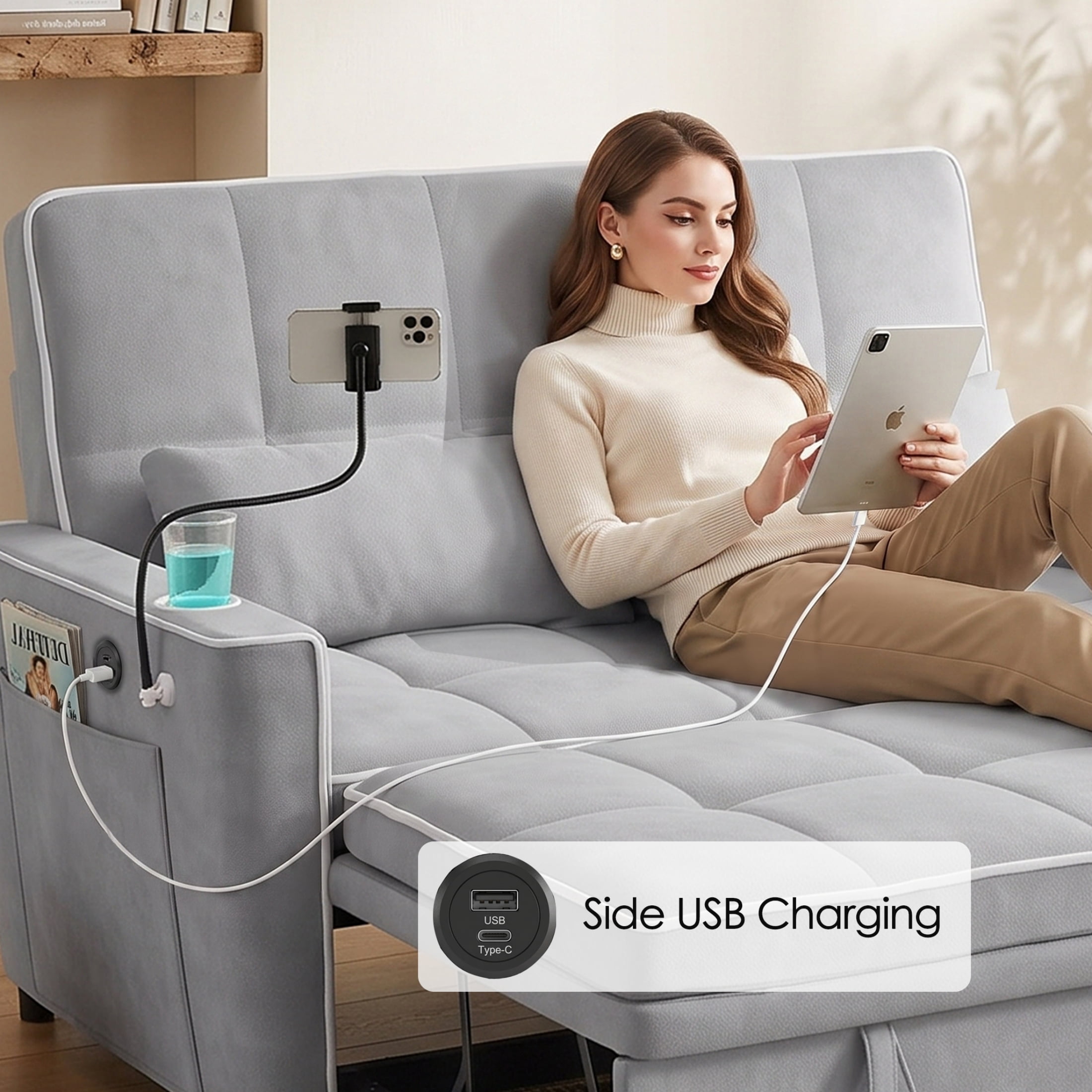 Vinform Sleeper Sofa Bed, 3 in 1 Convertible Loveseat with Phone & Cup Colder for Small Space, Gray