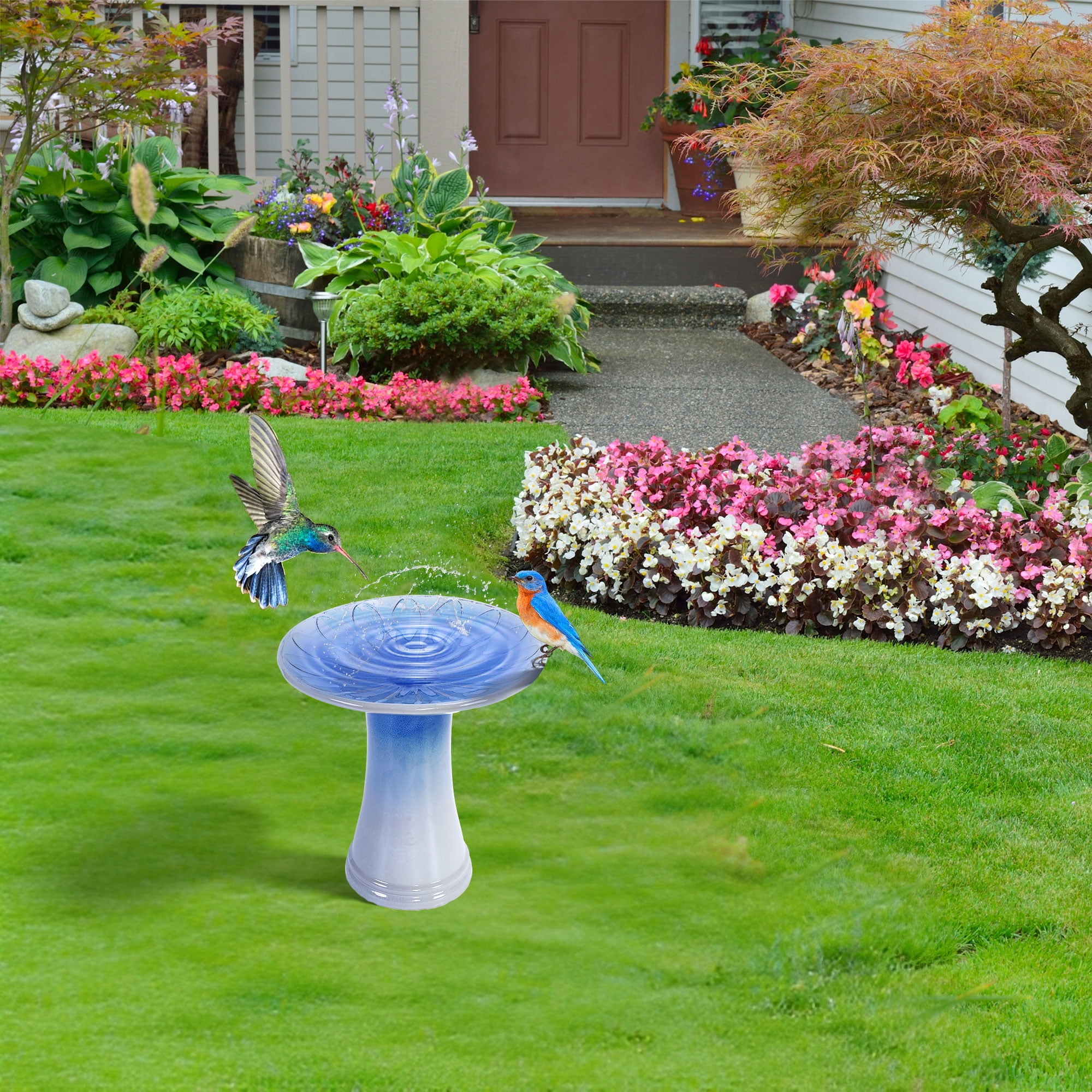 17" Ceramic Bird Bath for Outside, Elegant Tall Outdoor Bird Bath, Lightweight Pedestal Glazed Birdbaths for Outdoors with floral Pattern, Blue Ombre