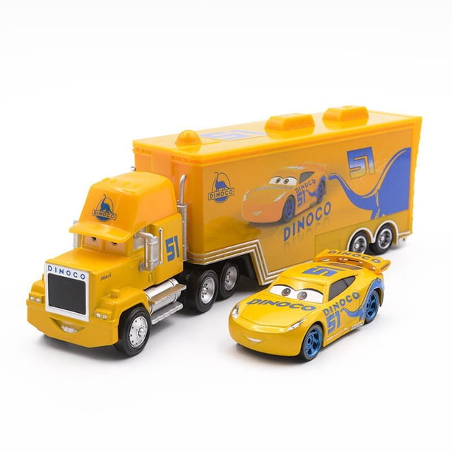 disney pixar cars 3 para niños, juguete de aleación de metal fundido a presión, rayo mcqueen, tío mack, camión contenedor 1:55, 2 uds. Camión contenedor Dinoco amarillo 3/4 frontal y coche Rayo McQueen en escala 1:55; cabina y remolque de aleación con gráficos Dinoco y número 51, parrillas cromadas y ejes visibles; coche de carreras amarillo con ruedas azules y ojos pintados en el parabrisas. Tamaño aproximado: camión 22×5×7 cm, coche 7–8 cm. También suele usarse para exhibición de colección.