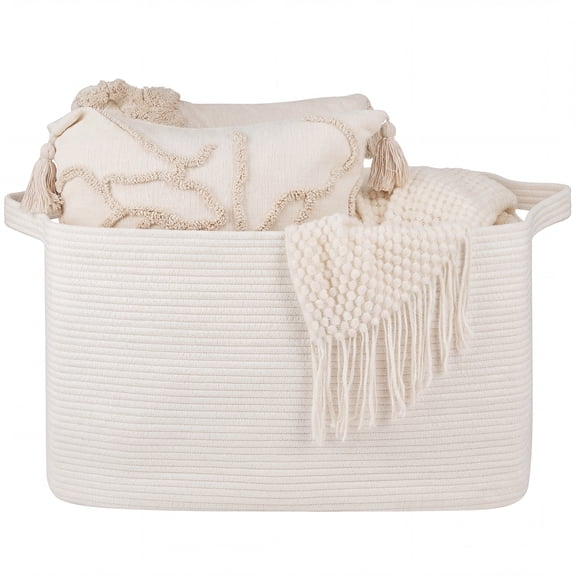 HLAOLA 90L Large Cotton Rope Basket with Sturdy Handles – Woven Blanket Basket for Living Room, Laundry, Nursery & Toy Storage, Storage Bin Foldable & Safe for Baby