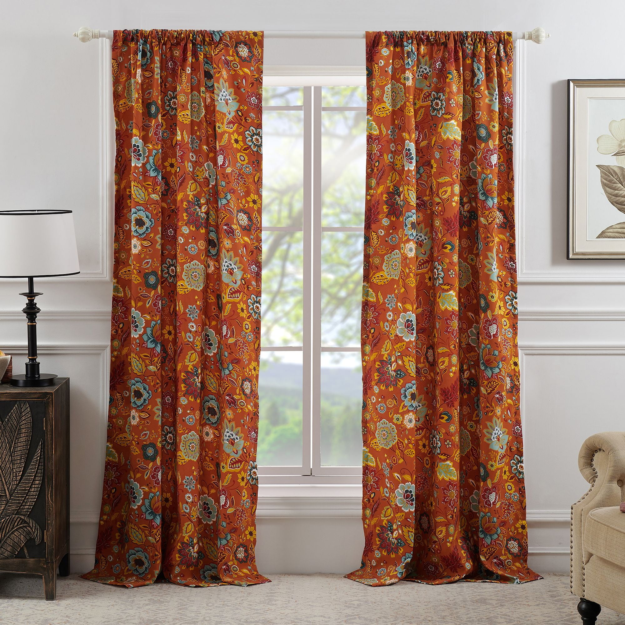 Global Trends Amanda Floral Curtain Panels, Set of 2, 63-inch L, Spice