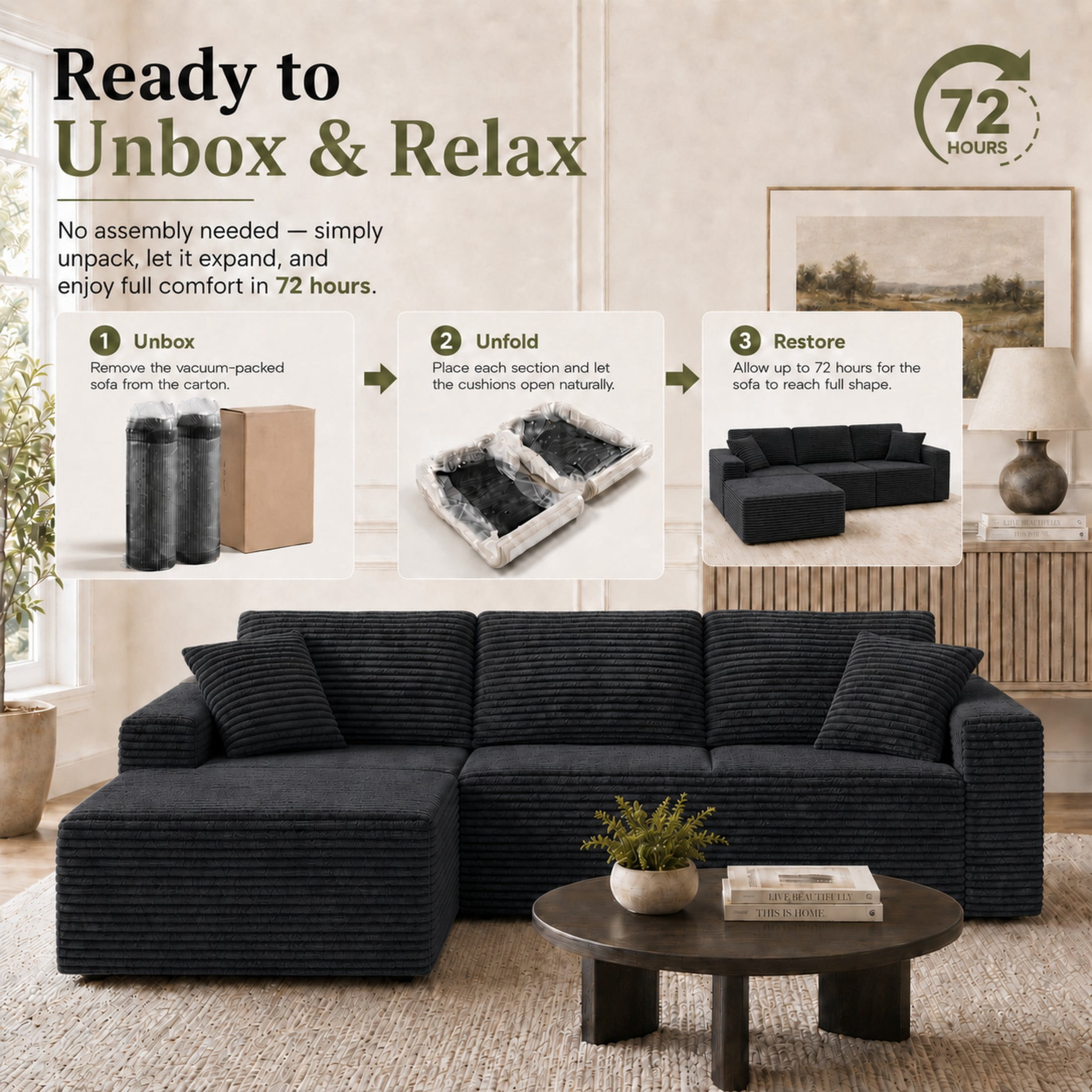 Aenkyo 106 Inch Corduroy L-Shaped Cloud Sectional Sofa with Reversible Chaise, Black