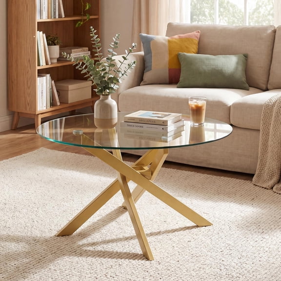 Giantex Glass Coffee Table, Round Clear Center Table, Modern Accent Cocktail Table for Home, Gold