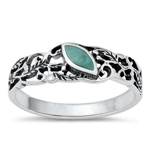 CHOOSE YOUR COLOR Leaf Filigree Simulated Turquoise Promise Ring .925 Sterling Silver Band Blue CZ Female Size 6