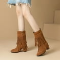 thumbnail image 4 of Xfvqtps Womens Western Ankle Boots with Tassel Detail Side Zipper Mid Calf Boots Chunky Heel Suede Fashion Booties for Fall Winter Brown, 4 of 7