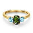 thumbnail image 3 of Gem Stone King 18K Yellow Gold Plated Silver Tourmaline Green Mystic Topaz and Swiss Blue Topaz Engagement Ring for Women | 1.20 Cttw | Oval 7X5MM | Gemstone November Birthstone | Size 9, 3 of 6