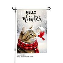 JOOCAR Hello Winter Cat with Red Bird Garden Flag for Winter Christmas Home Outdoor Garden Yard Door Decor 12x18 inch
