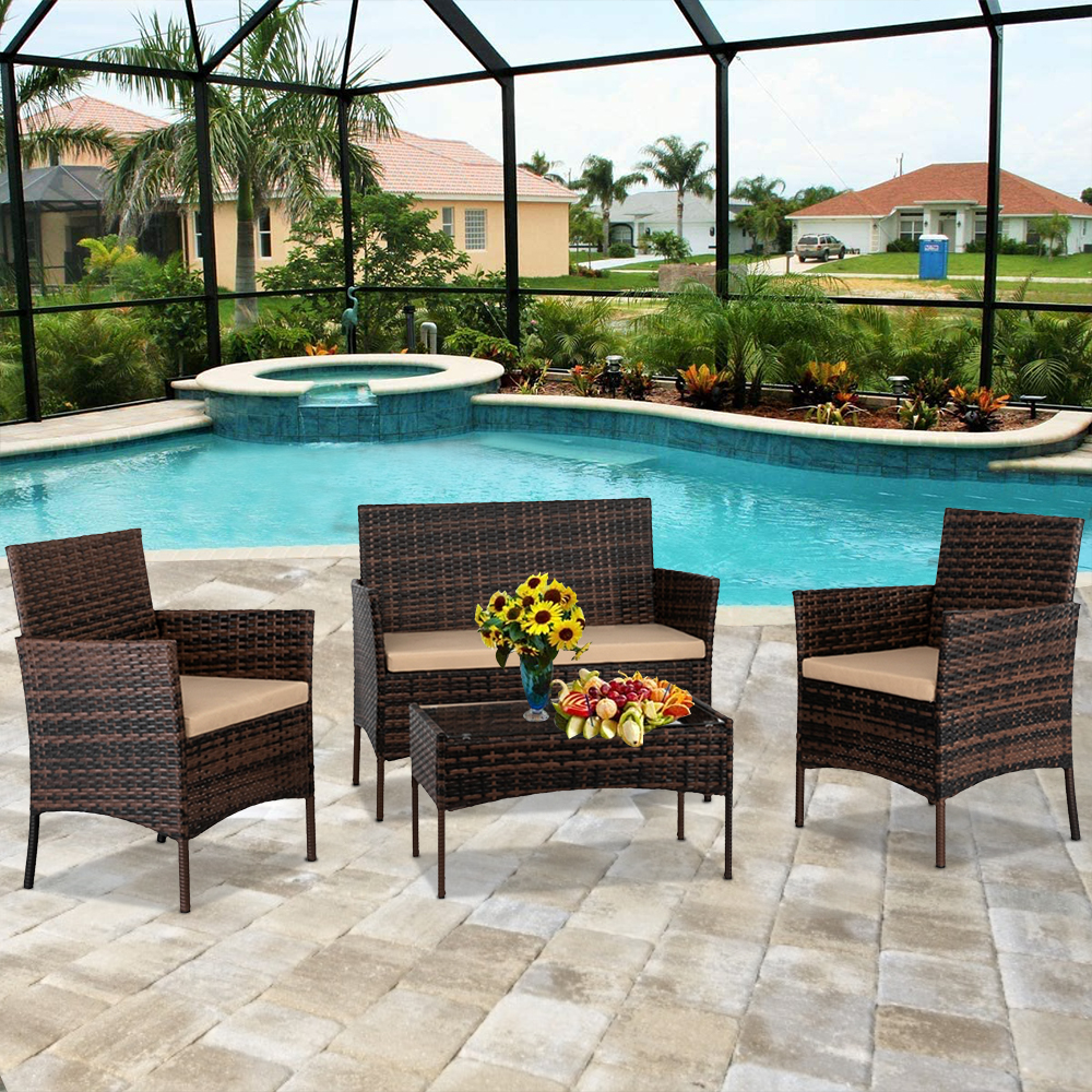 4 Pieces Outdoor Patio Furniture with Cushions, Brown PE Rattan Wicker Table and Chairs Set for Backyard Porch Garden Poolside Balcony, W9486 - image 2 of 11