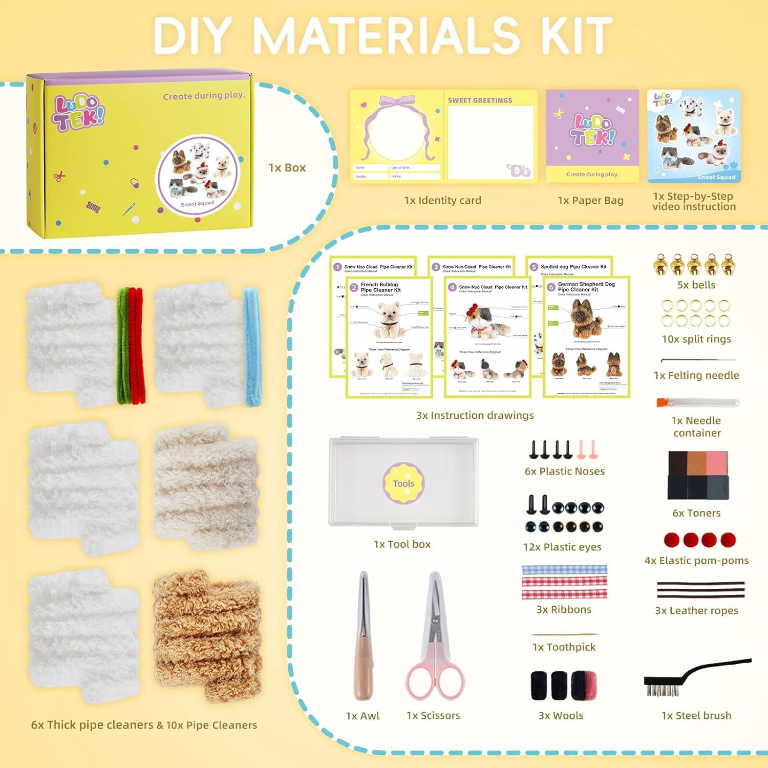 Pipe Cleaners Craft kit, A Pipe Cleaner kit Suitable for Beginners. It Includes a Kits for Making The Shapes of 6 Animal and Comes with Simple and Easy-to-Understand Video tutorials(Cat and Dog)