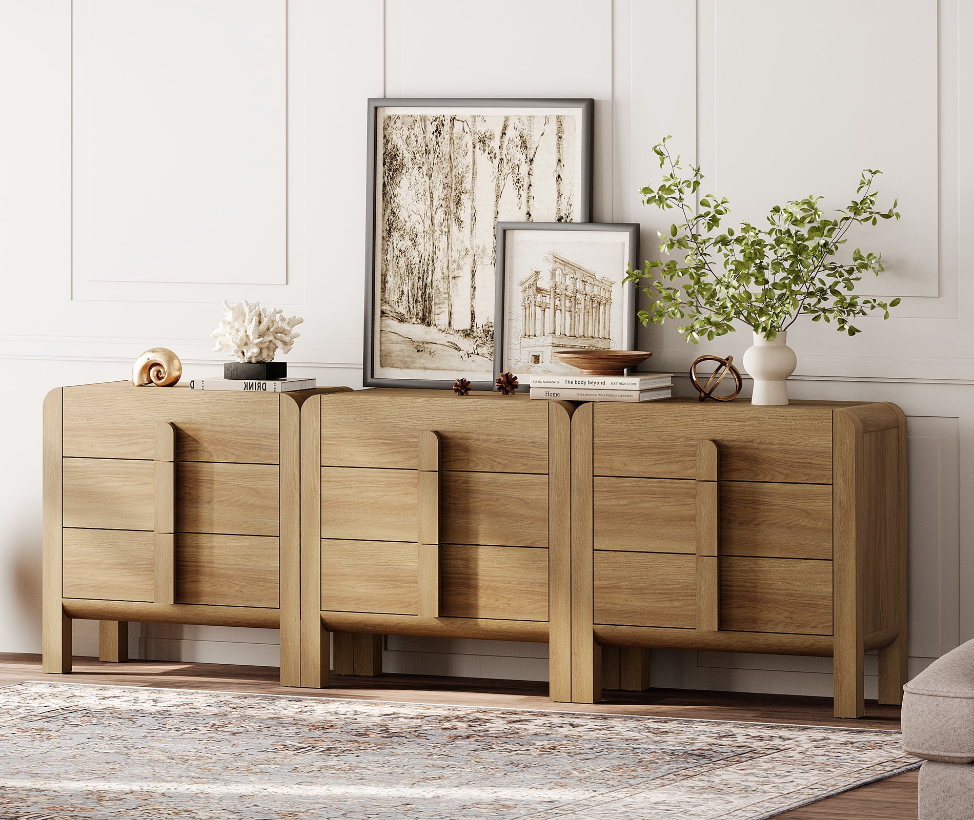 3 In 1 Wood Accent Cabinet with Drawers, 94.5" Modern Credenza Storage Cabinet with Curved Profile Design for Living Room, Kitchen, Dining Room, Hallway