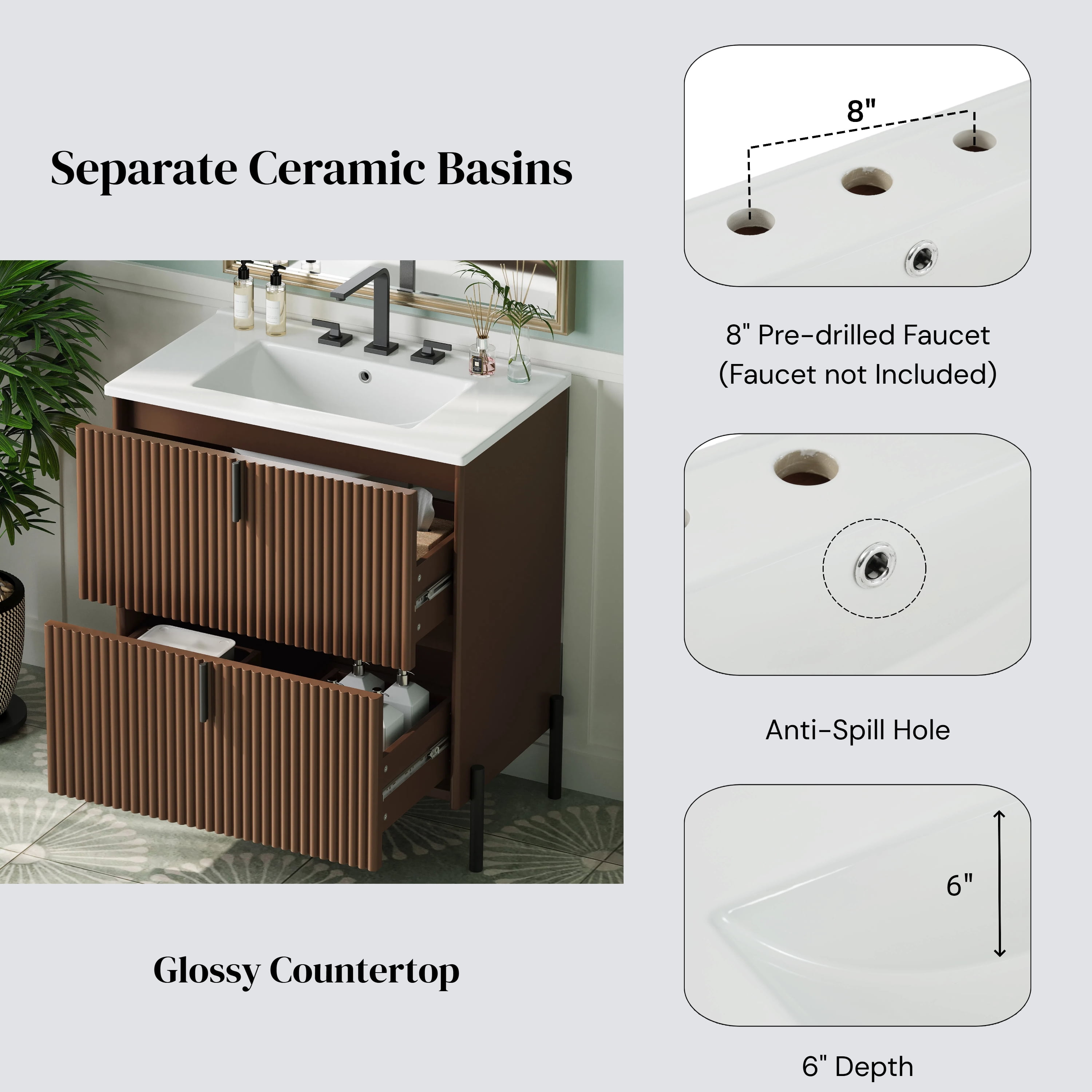 30" Fluted Design Modern Freestanding Vanity Cabinet, Modern Bathroom Cabinet with Soft Close Drawers, Freestanding Vanity with Ceramic Sink for Bathroom, Dark Brown