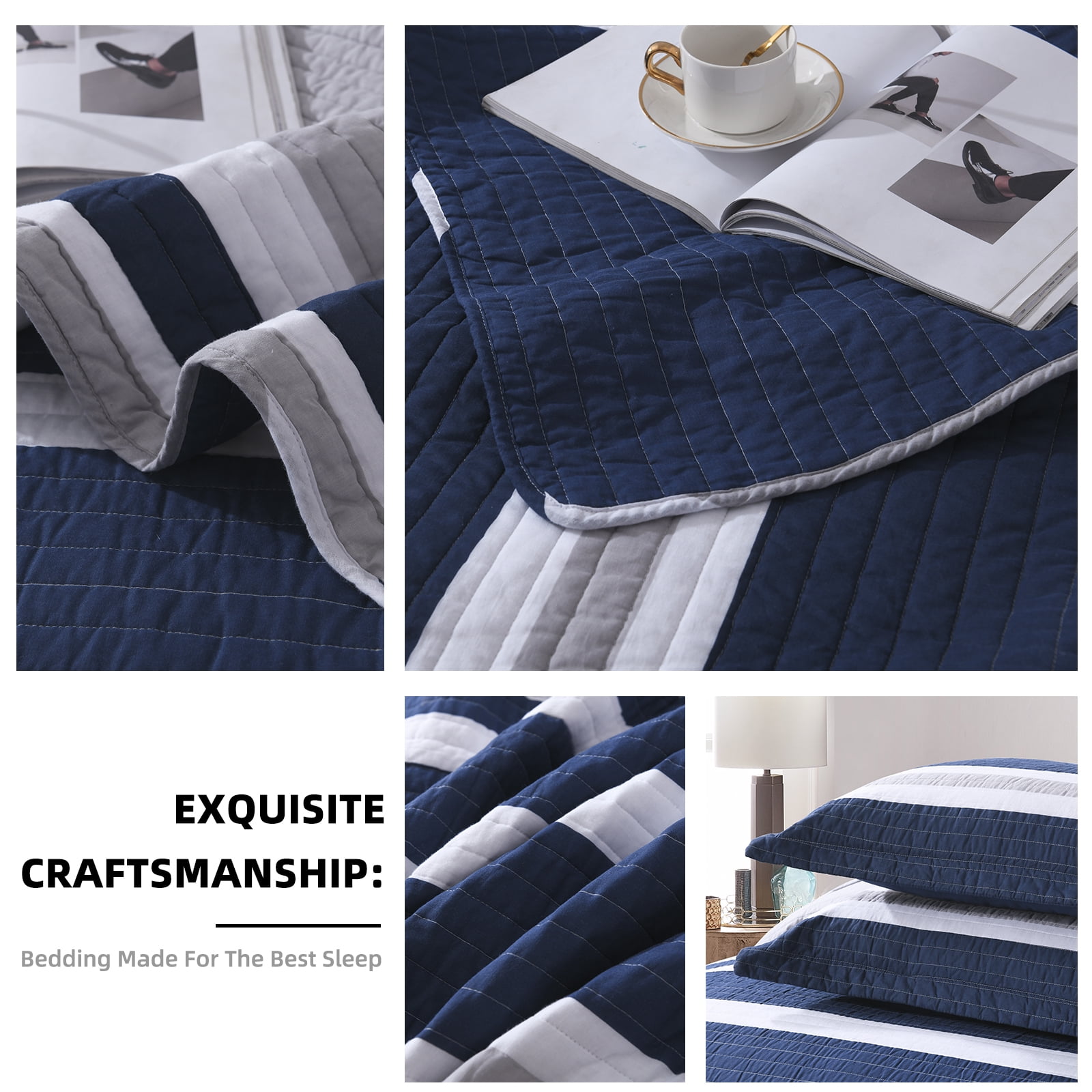 PANGUSHAN 100% Cotton Navy Blue Quilt King Size, King Quilt Bedding Set Quilted Bedspreads, Lightweight Reversible Striped Comforter for King Bed, All Season, Navy Blue, 3 Pieces