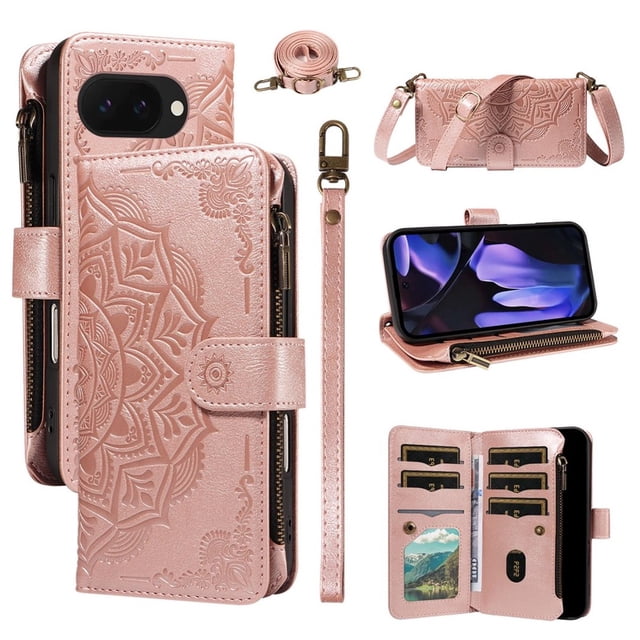 For Google Pixel 10a Wallet Case, 9 Card Slots RFID Blocking Crossbody Leather Cover, Zipper Pocket, Detachable Wrist & Shoulder Strap, Magnetic Shockproof Protective Phone Case for Women,Pink