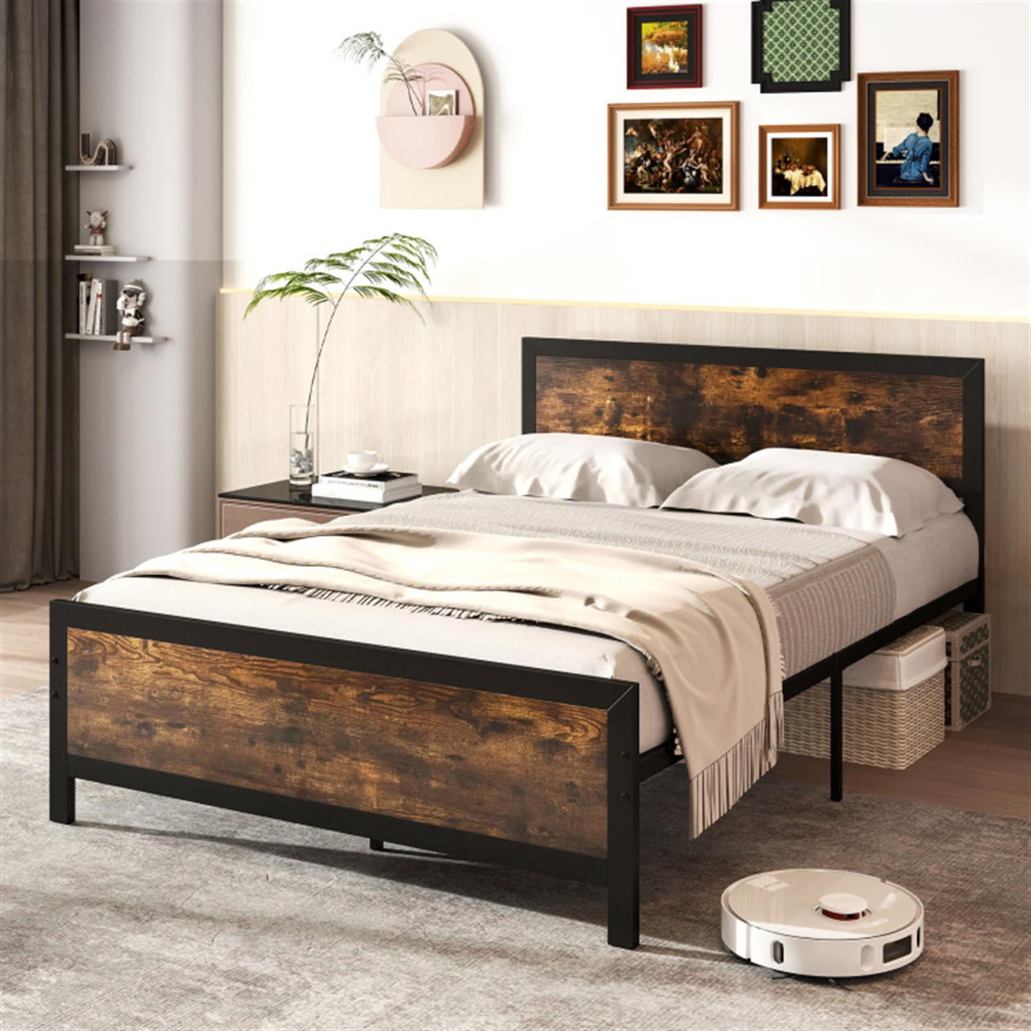 Demi Bonn Full Size Bed Frame with Headboard and Footboard, Modern Metal Platform Bed Frame with Under Bed Storage, No Box Spring Needed, Brown