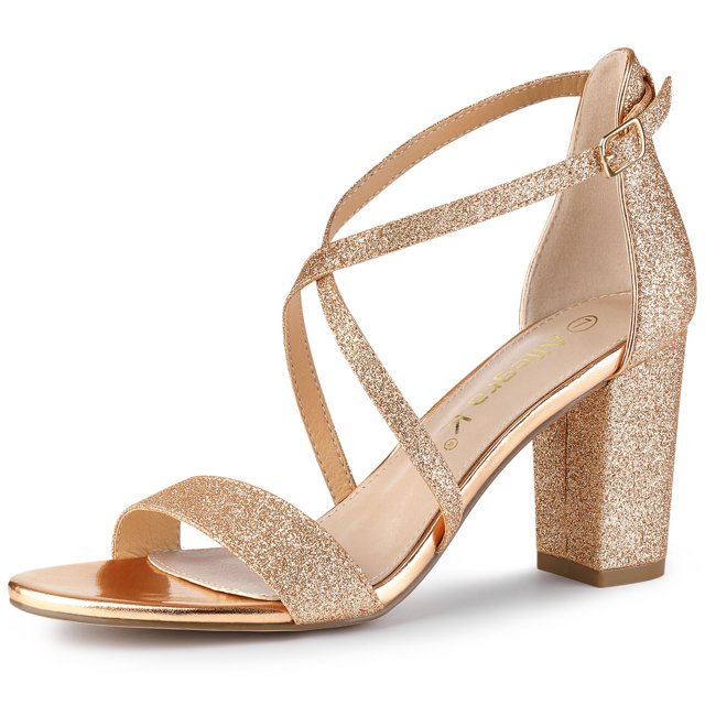 Sandalias De Tacón Cuadrado Correa Cruzada Con Purpurina Para Mujeres Oro Rosa 41