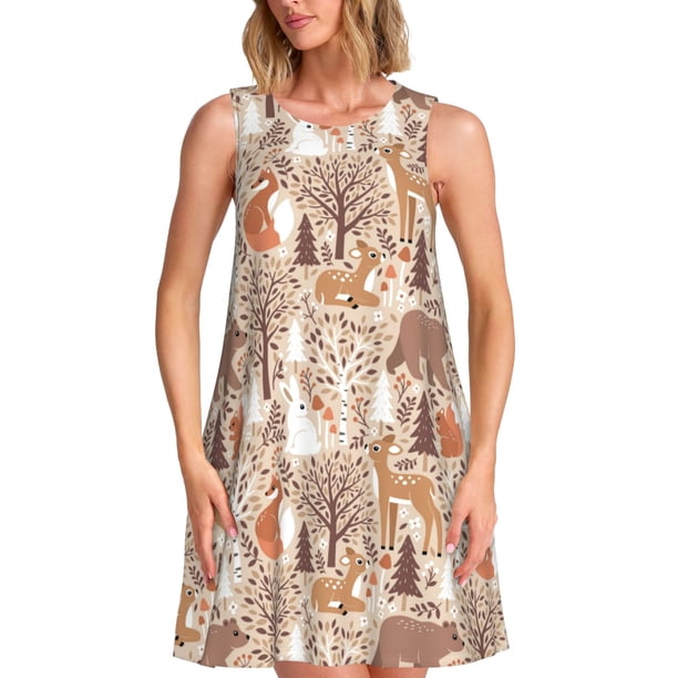 Easygdp Woodland Animals in Neutral Tones para Vestido Transpirable de Mujer, Vestido Suelto de Manga Corta con Pliegues y Bolsillos para el Verano